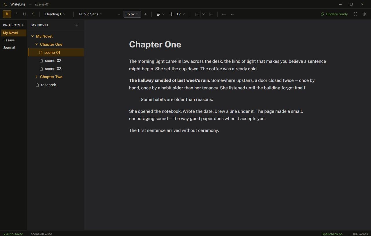 WriteLite editor showing a document open and in progress