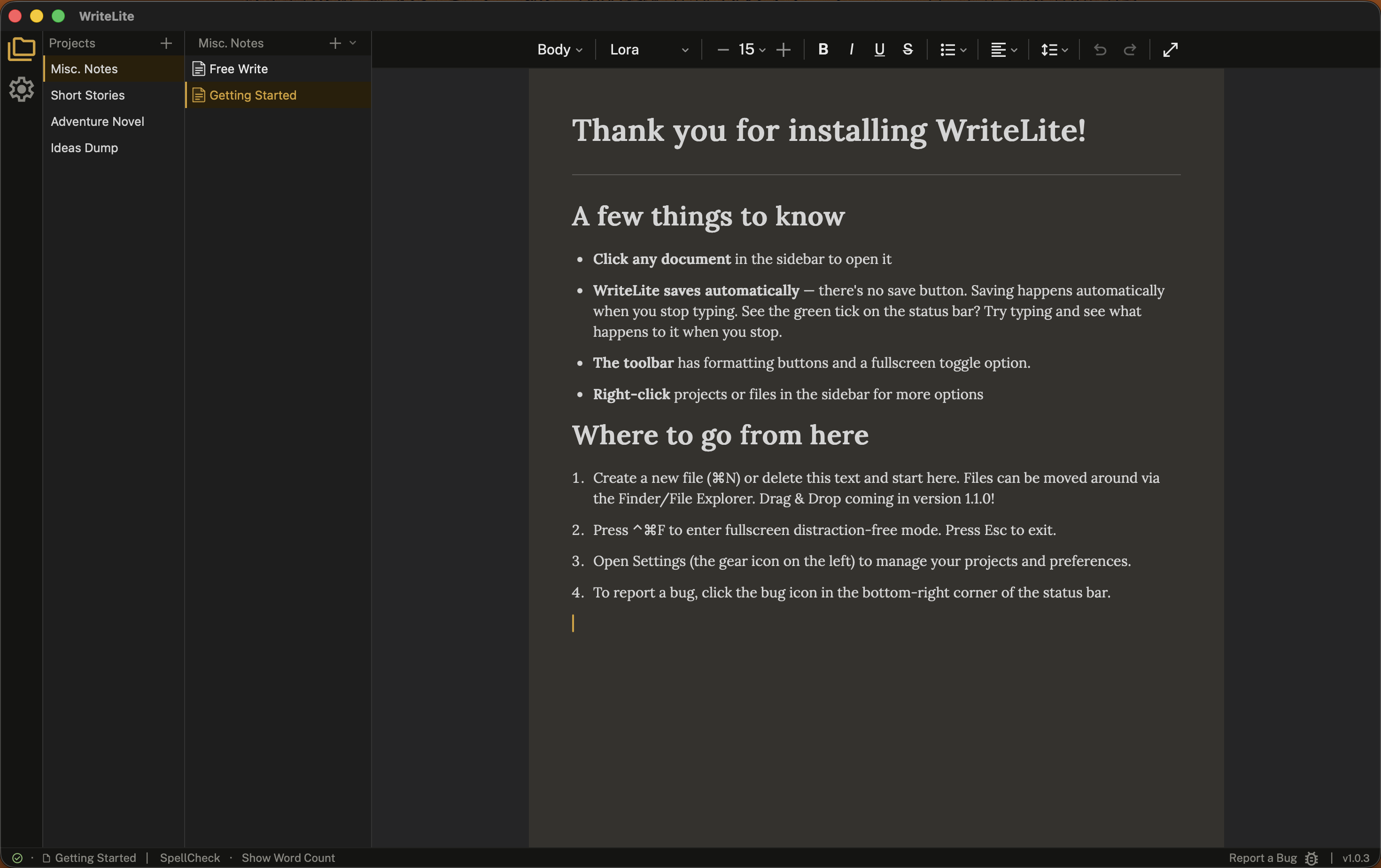 WriteLite editor showing a document open and in progress